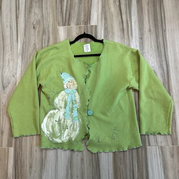 SkiddRO Sweater Hand Painted Green Snowman Cardigan M Top Holiday Grandmacore - Picture 1 of 8